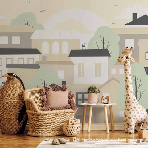 ⁨Fototapeta - Żółte miasteczko - przedmieście miasta z drzewami i kotami dla dzieci (rozmiar 450x315, wykończenie Premium)⁩ w sklepie Wasserman.eu