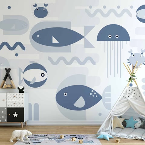 ⁨Fototapeta - Minimalistyczny ocean - geometryczne rybki i kraby w wodzie dla dzieci (rozmiar 500x350, wykończenie Standard)⁩ w sklepie Wasserman.eu