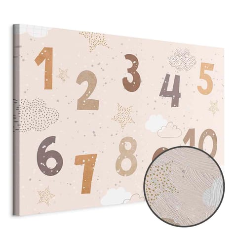 ⁨Obraz - Skaczące cyferki - Cyferki w przygaszonej beżowo-brązowej kolorystyce pośród płatków śniegu gwiazd i chmur (rozmiar 30x20, wykończenie Premium Print)⁩ w sklepie Wasserman.eu