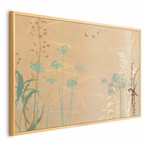 ⁨Plakat - Ptaszek na łące (rozmiar 30x21, wykończenie Rama złota)⁩ w sklepie Wasserman.eu