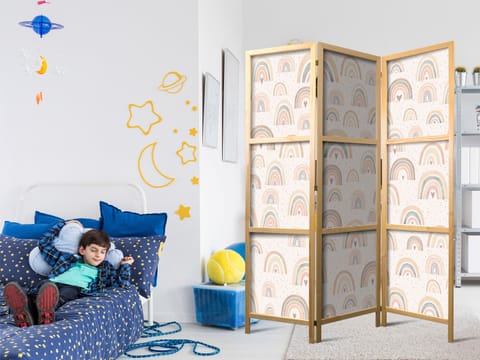 ⁨Parawan japoński - Wiosna - pastelowe tęcze w deszczowy dzień z serduszkami (rozmiar 135x172, wykończenie )⁩ w sklepie Wasserman.eu