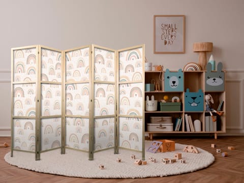 ⁨Parawan japoński - Wiosna - pastelowe tęcze w deszczowy dzień z serduszkami (rozmiar 225x172, wykończenie )⁩ w sklepie Wasserman.eu