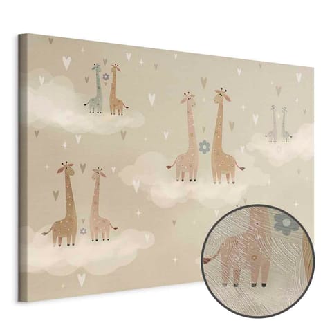 ⁨Obraz - Miłość - kolorowe żyrafy unoszące się na chmurach wśród serc i gwiazd (rozmiar 90x60, wykończenie Premium Print)⁩ w sklepie Wasserman.eu