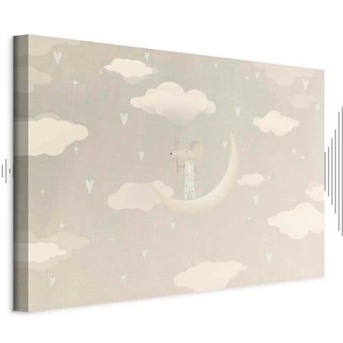 ⁨Obraz - Mały zdobywca - myszka w piżamce w serca na księżycu wśród chmur (rozmiar 90x60, wykończenie Akustyczny)⁩ w sklepie Wasserman.eu