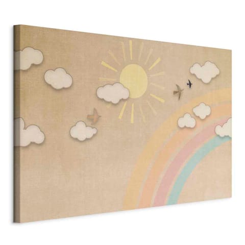 ⁨Obraz - Wakacyjne niebo - słoneczny dzień z tęczą i odlatujące ptaszki (rozmiar 30x20, wykończenie Standard)⁩ w sklepie Wasserman.eu