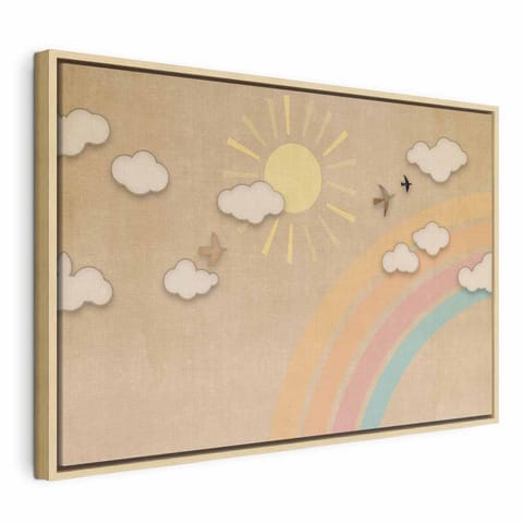 ⁨Obraz - Wakacyjne niebo - słoneczny dzień z tęczą i odlatujące ptaszki (rozmiar 90x60, wykończenie W ramie drewnianej naturalnej)⁩ w sklepie Wasserman.eu