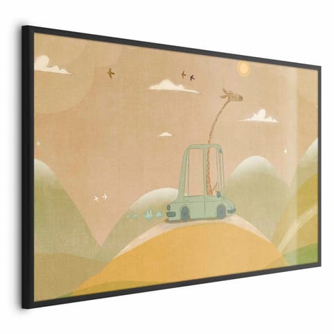 ⁨Plakat - Podróżująca żyrafa (rozmiar 42x29.7, wykończenie Rama czarna)⁩ w sklepie Wasserman.eu