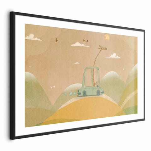 ⁨Plakat - Podróżująca żyrafa (rozmiar 42x29.7, wykończenie Rama czarna z marginesem)⁩ w sklepie Wasserman.eu