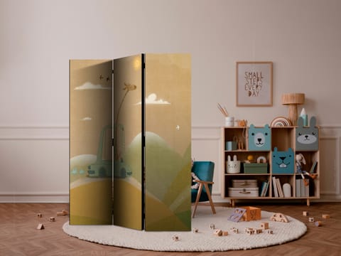 ⁨Parawan - Rozmarzona podróżniczka - żyrafa jadąca autem w piękny słoneczny dzień (rozmiar 135x172, wykończenie Dwustronny)⁩ w sklepie Wasserman.eu