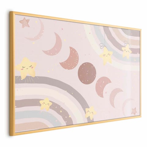 ⁨Plakat - Fazy księżyca z tęczą (rozmiar 90x60, wykończenie Rama złota)⁩ w sklepie Wasserman.eu