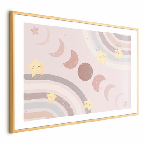 ⁨Plakat - Fazy księżyca z tęczą (rozmiar 60x40, wykończenie Rama złota z marginesem)⁩ w sklepie Wasserman.eu