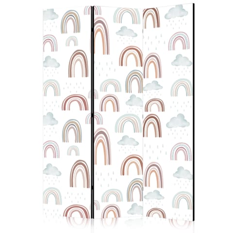 ⁨Parawan - Tęcze i chmury - Tęcze rozmaitych wielkości w stonowanej kolorystyce pośród deszczowych chmur w odcieniu blado-niebieskim (rozmiar 135x172, wykończenie Akustyczny)⁩ w sklepie Wasserman.eu