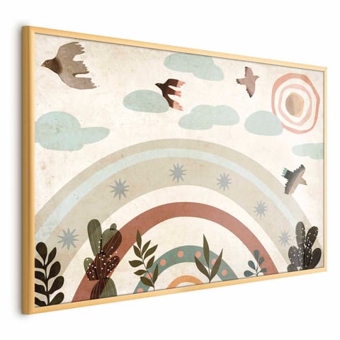 ⁨Plakat - Tęcza i ptaki (rozmiar 60x40, wykończenie Rama złota)⁩ w sklepie Wasserman.eu