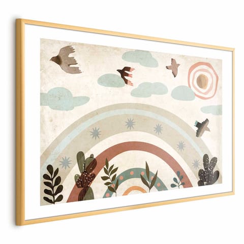 ⁨Plakat - Tęcza i ptaki (rozmiar 60x40, wykończenie Rama złota z marginesem)⁩ w sklepie Wasserman.eu