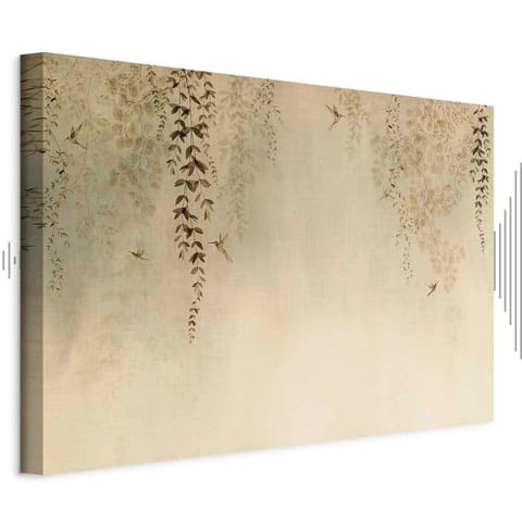 ⁨Obraz - Wiosenny sad - koliberki wśród gałęzi drzew w odcieniach beżu (rozmiar 60x40, wykończenie Akustyczny)⁩ w sklepie Wasserman.eu