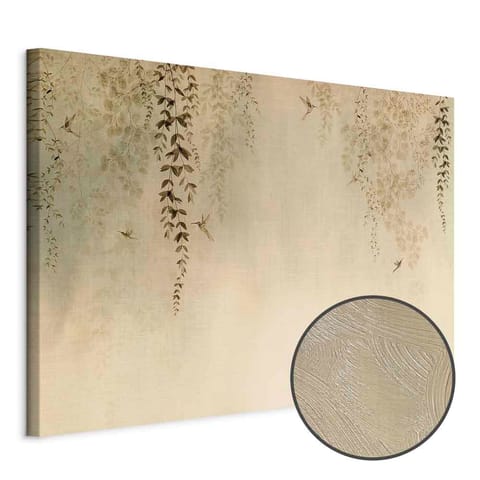 ⁨Obraz - Wiosenny sad - koliberki wśród gałęzi drzew w odcieniach beżu (rozmiar 30x20, wykończenie Premium Print)⁩ w sklepie Wasserman.eu