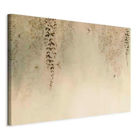 ⁨Obraz - Wiosenny sad - koliberki wśród gałęzi drzew w odcieniach beżu (rozmiar 120x80, wykończenie Na płótnie włoskim)⁩ w sklepie Wasserman.eu