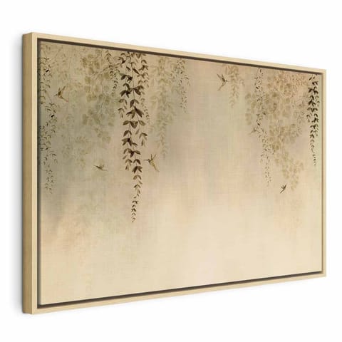 ⁨Obraz - Wiosenny sad - koliberki wśród gałęzi drzew w odcieniach beżu (rozmiar 60x40, wykończenie W ramie drewnianej naturalnej)⁩ w sklepie Wasserman.eu