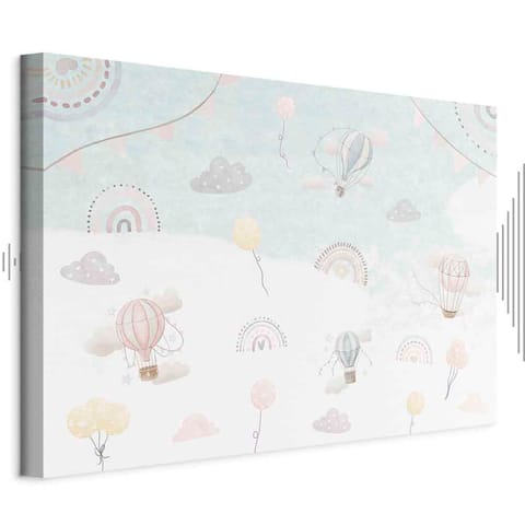 ⁨Obraz - Niebo z balonami - Balony w stonowanej kolorystyce latające po niebie wśród chmur tęczy i gwiazd (rozmiar 120x80, wykończenie Akustyczny)⁩ w sklepie Wasserman.eu
