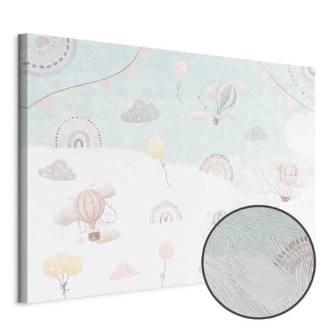 ⁨Obraz - Niebo z balonami - Balony w stonowanej kolorystyce latające po niebie wśród chmur tęczy i gwiazd (rozmiar 90x60, wykończenie Premium Print)⁩ w sklepie Wasserman.eu