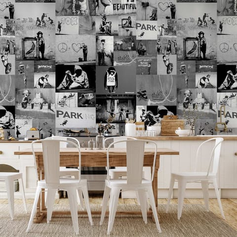 ⁨Tapeta - Banksy - szary kolaż (rozmiar 50x1000, wykończenie Wodoodporna)⁩ w sklepie Wasserman.eu