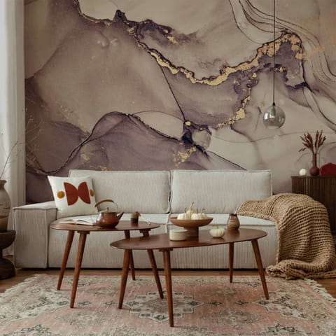 ⁨Fototapeta - Akwarelowa abstrakcja - pudroworóżowy marmur ze złotym akcentem (rozmiar 200x140, wykończenie Premium)⁩ w sklepie Wasserman.eu