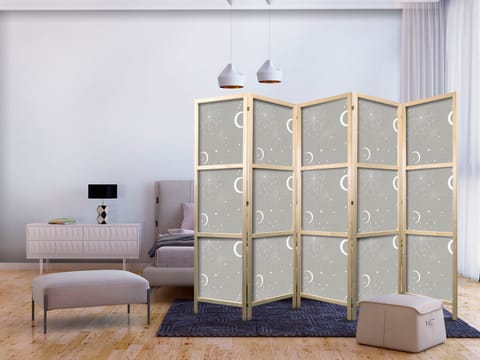 ⁨Parawan japoński - Kosmiczne Fajerwerki - elegancki wzór z księżycami i gwiazdami na szarym tle (rozmiar 225x172, wykończenie )⁩ w sklepie Wasserman.eu