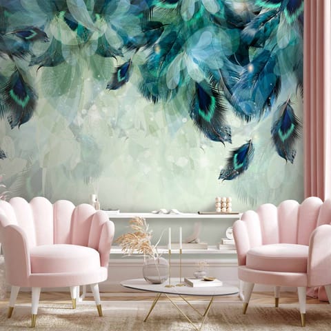 ⁨Wall mural - Emerald feathers (size 150x105)⁩ at Wasserman.eu