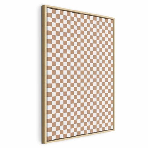 ⁨Obraz - Szachowy Wzór - brązowo-biała kratka z delikatnym szumem (rozmiar 60x90, wykończenie W ramie drewnianej naturalnej)⁩ w sklepie Wasserman.eu