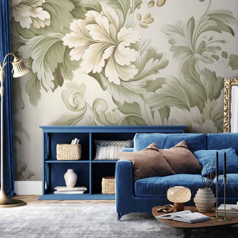 ⁨Fototapeta - Retro vintage kwiaty w delikatnych kolorach kremowych i zielonych (rozmiar 147x105, wykończenie Samoprzylepna)⁩ w sklepie Wasserman.eu