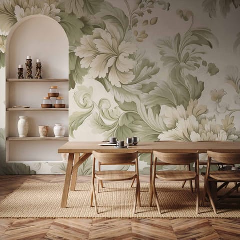 ⁨Fototapeta - Retro vintage kwiaty w delikatnych kolorach kremowych i zielonych (rozmiar 100x70, wykończenie Wodoodporna)⁩ w sklepie Wasserman.eu