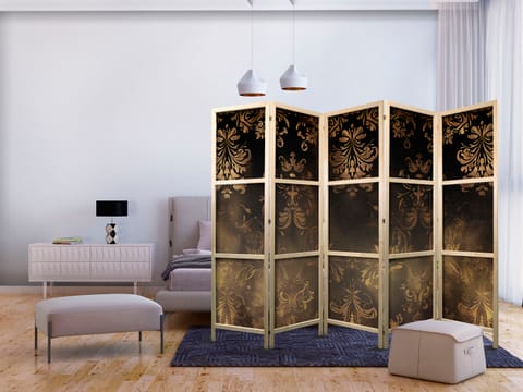 ⁨Parawan japoński - Ornamenty barokowe w spatynowanym złocie i w brązach - retro motyw (rozmiar 225x172, wykończenie )⁩ w sklepie Wasserman.eu