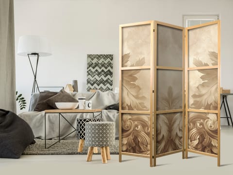 ⁨Parawan japoński - Rzeźbione ornamenty barokowe - bogata kompozycja w kolorach sepii (rozmiar 135x172, wykończenie )⁩ w sklepie Wasserman.eu