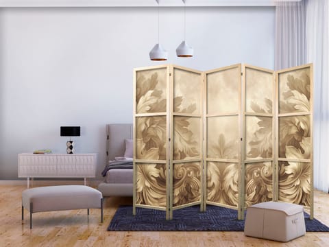 ⁨Parawan japoński - Rzeźbione ornamenty barokowe - bogata kompozycja w kolorach sepii (rozmiar 225x172, wykończenie )⁩ w sklepie Wasserman.eu