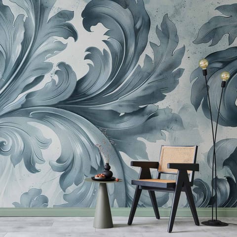 ⁨Fototapeta - Kamienne barokowe ornamenty w jasnych odcieniach szaro-niebieskich (rozmiar 250x175, wykończenie Standard)⁩ w sklepie Wasserman.eu