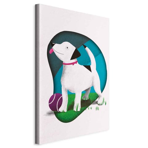 ⁨Obraz - Pies i piłka (1-częściowy) pionowy (rozmiar 20x30, wykończenie Na płótnie włoskim)⁩ w sklepie Wasserman.eu