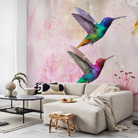 ⁨Self-adhesive mural - Colorful hummingbirds (pink) (size 196x140)⁩ at Wasserman.eu