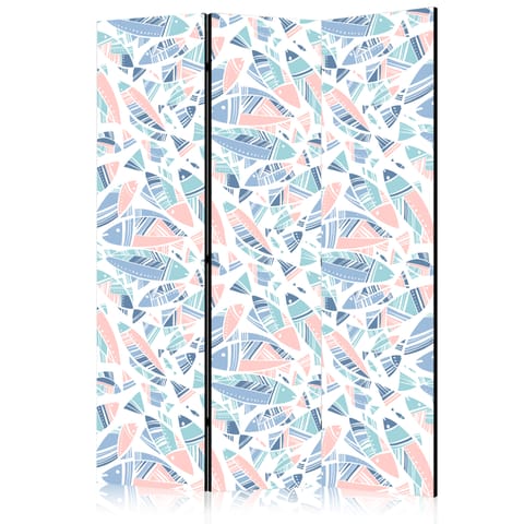 ⁨Parawan - Ryby w minimalistycznym stylu - Rybki w azteckim stylu w pastelowych tonacjach kolorystycznych na białym tle (rozmiar 135x172, wykończenie Akustyczny)⁩ w sklepie Wasserman.eu