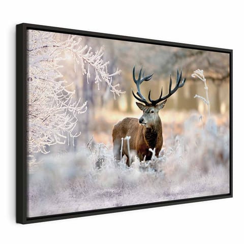 ⁨Obraz - Jeleń na mrozie (rozmiar 90x60, wykończenie W ramie drewnianej czarnej)⁩ w sklepie Wasserman.eu
