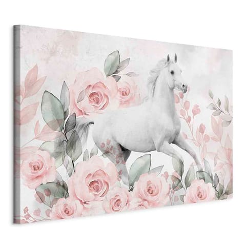 ⁨Obraz - Galop wśród róż (1-częściowy) szeroki (rozmiar 90x60, wykończenie Na płótnie włoskim)⁩ w sklepie Wasserman.eu