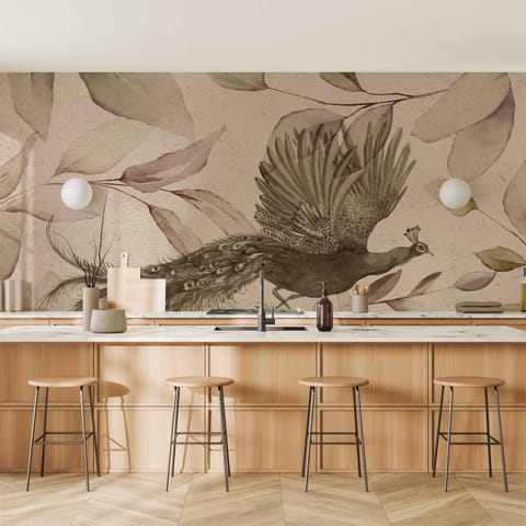 ⁨Fototapeta - Ptak wśród liści - motyw roślinny z lecącym pawiem w chłodnych tonach (rozmiar 500x350, wykończenie Wodoodporna)⁩ w sklepie Wasserman.eu