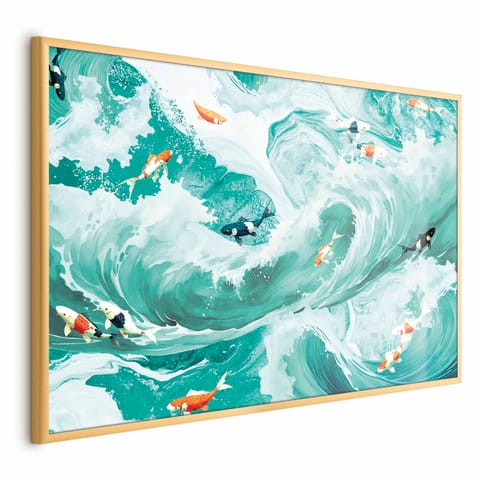 ⁨Plakat - Ryby i fale (rozmiar 90x60, wykończenie Rama złota)⁩ w sklepie Wasserman.eu