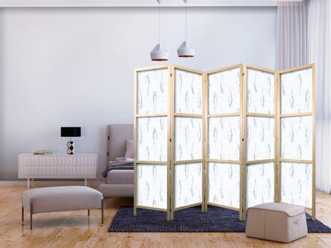 ⁨Parawan japoński - Delikatne błękitne ryby - Mozaikowe ryby w subtelnych błękitnych tonacjach kolorystycznych z łukowatym wzorem w tle (rozmiar 225x172, wykończenie )⁩ w sklepie Wasserman.eu