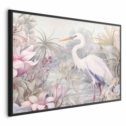 ⁨Plakat - Czapla brodząca w stawie - ilustracja w jasnej kolorystyce (rozmiar 60x40, wykończenie Rama czarna)⁩ w sklepie Wasserman.eu