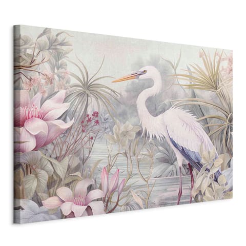 ⁨Obraz - Czapla brodząca w stawie - ilustracja w jasnej kolorystyce (rozmiar 60x40, wykończenie Standard)⁩ w sklepie Wasserman.eu