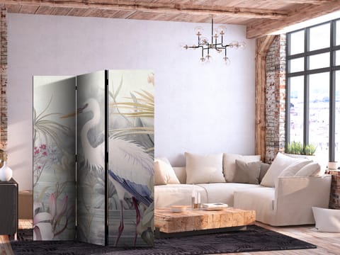 ⁨Parawan - Czapla brodząca w stawie - ilustracja w jasnej kolorystyce (rozmiar 135x172, wykończenie Dwustronny)⁩ w sklepie Wasserman.eu