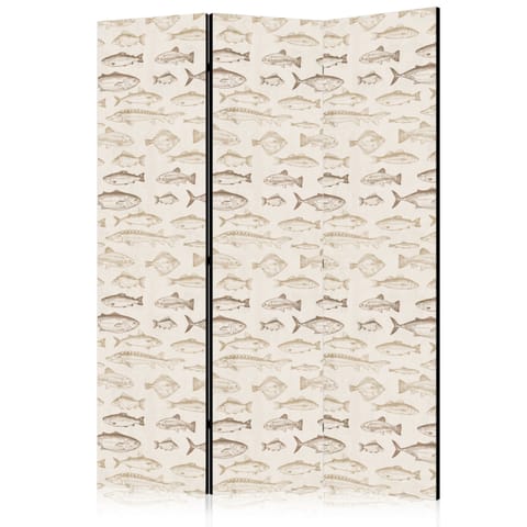 ⁨Parawan - Ryby w beżowej tonacji - Różne gatunki ryb w beżowo-brązowej kolorystyce przedstawione w stylu vintage na jasnym tle (rozmiar 135x172, wykończenie Akustyczny)⁩ w sklepie Wasserman.eu