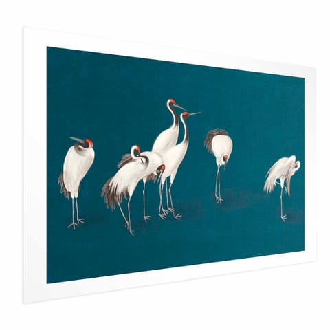 ⁨Plakat - Wieczór nad stawem - grupa żurawi narysowana suchą pastelą; na ciemno-turkusowym tle (rozmiar 60x40, wykończenie Bez ramy z marginesem)⁩ w sklepie Wasserman.eu