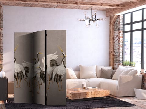 ⁨Parawan - Taniec żurawi - jasne sylwetki ptaków na ciepło-szarym tle z fakturą (rozmiar 135x172, wykończenie Jednostronny)⁩ w sklepie Wasserman.eu