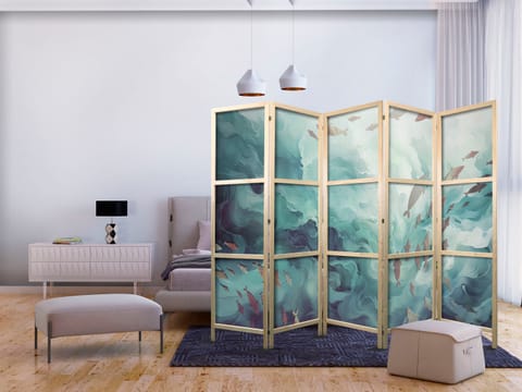 ⁨Parawan japoński - Trzy ławice ryb - Ryby w stonowanej kolorystyce pływające w grupach w oceanicznych głębinach (rozmiar 225x172, wykończenie )⁩ w sklepie Wasserman.eu